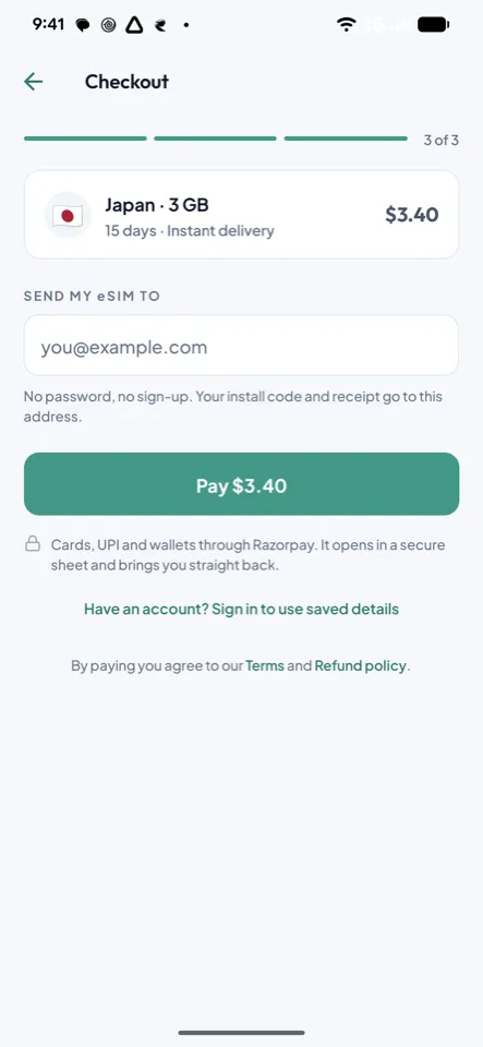 Checkout in the Vayufly app showing a Japan plan, the total and the pay button
