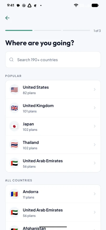 Country search in the Vayufly app listing destinations with the number of plans available