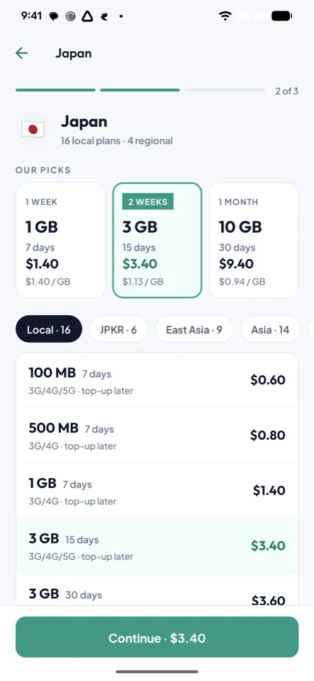 The Vayufly app showing data plans for Japan with price, data and validity for each plan