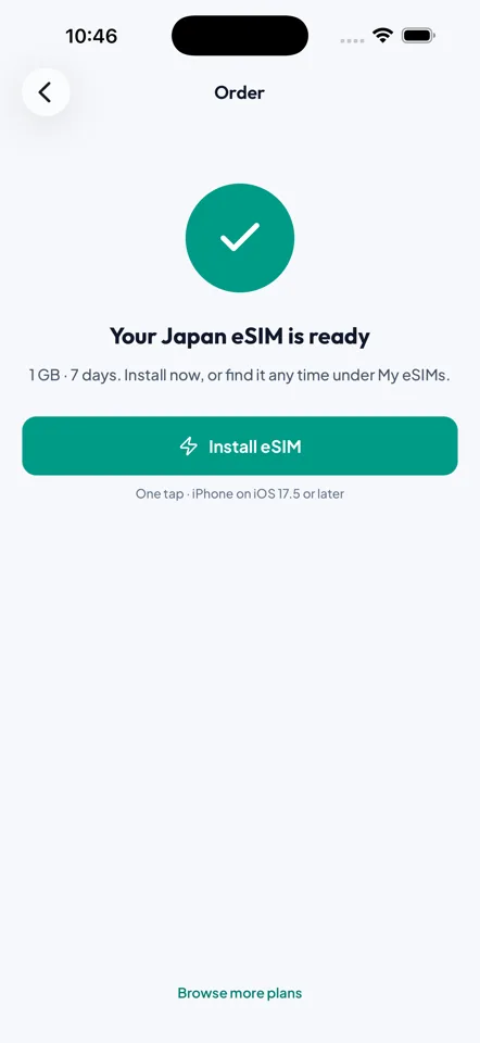 An eSIM ready to install in the Vayufly app with data remaining and validity